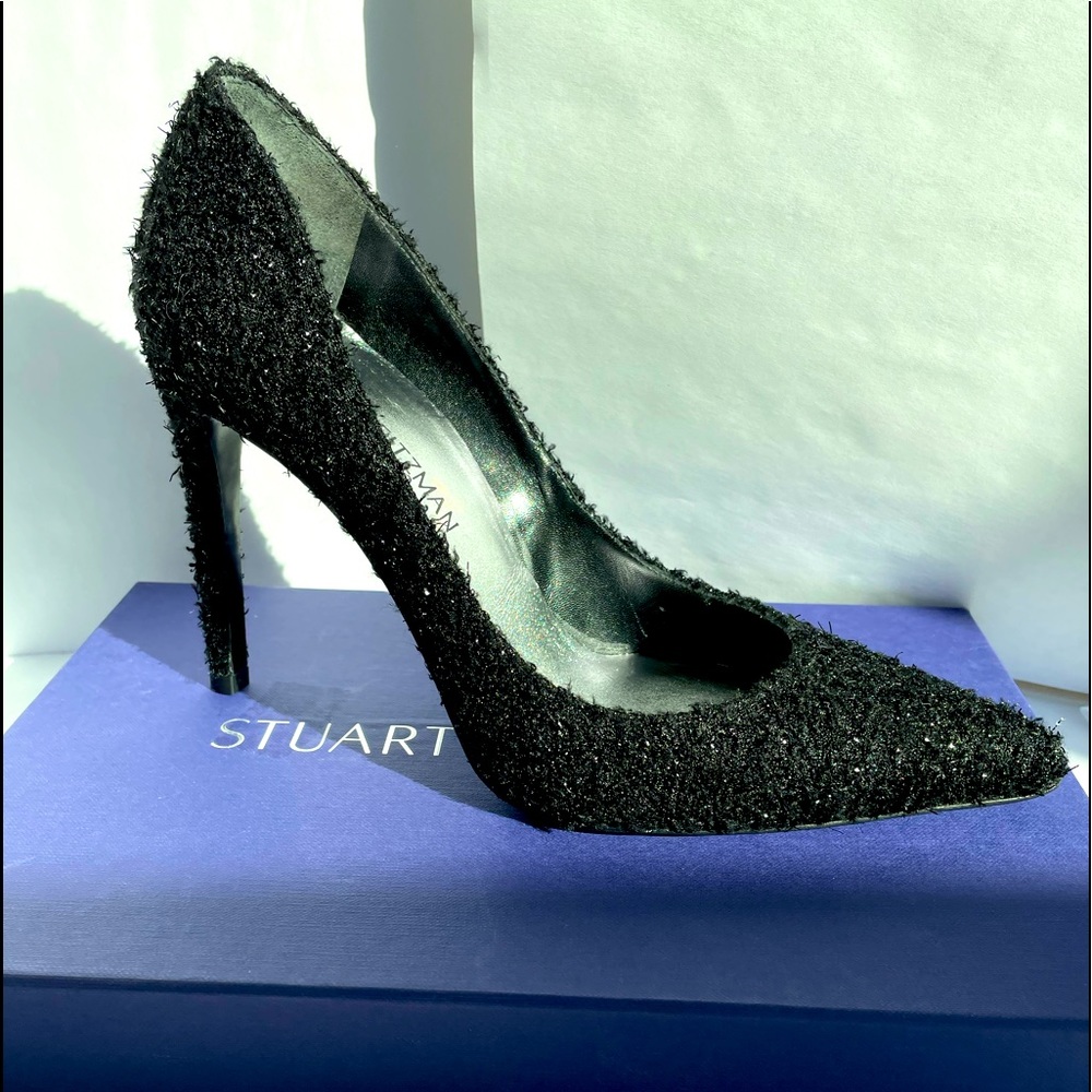 Stuart Weitzman Black Glitter Fabric Dress Pump Sz 9 4” Heel